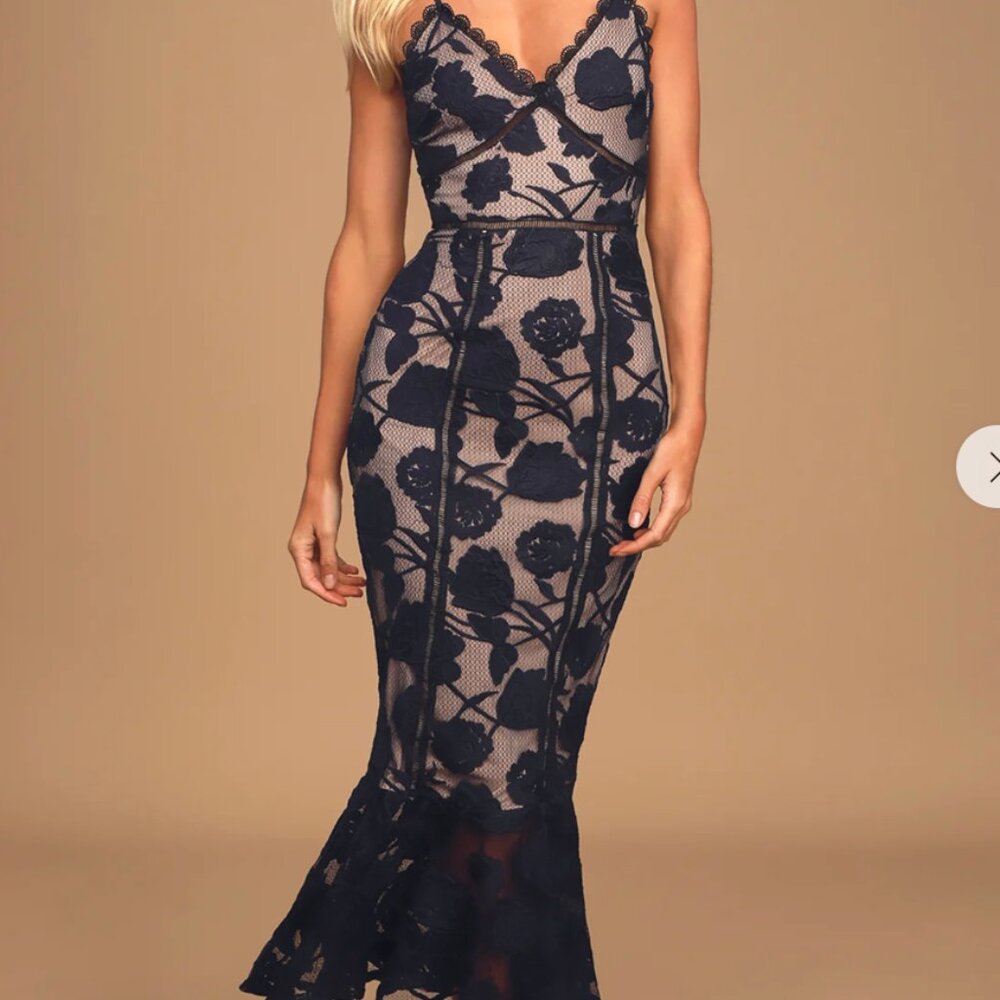 Lulus Alluring Dream Navy Blue Floral Mesh Lace Trumpet Midi Dress